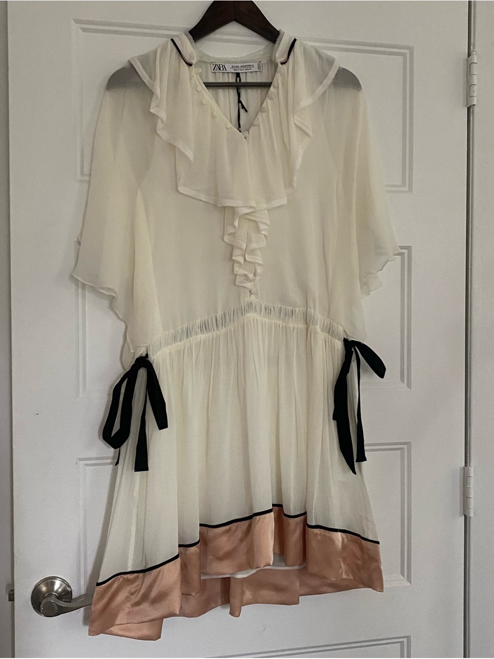 Zara Cream Mini Dress with Blush Hem and Black Trim